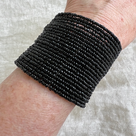 Vintage Manouk Jet Black Beaded Cuff Bracelet | 2¼″ Wide Stretch Cuff - Picture 2 of 7